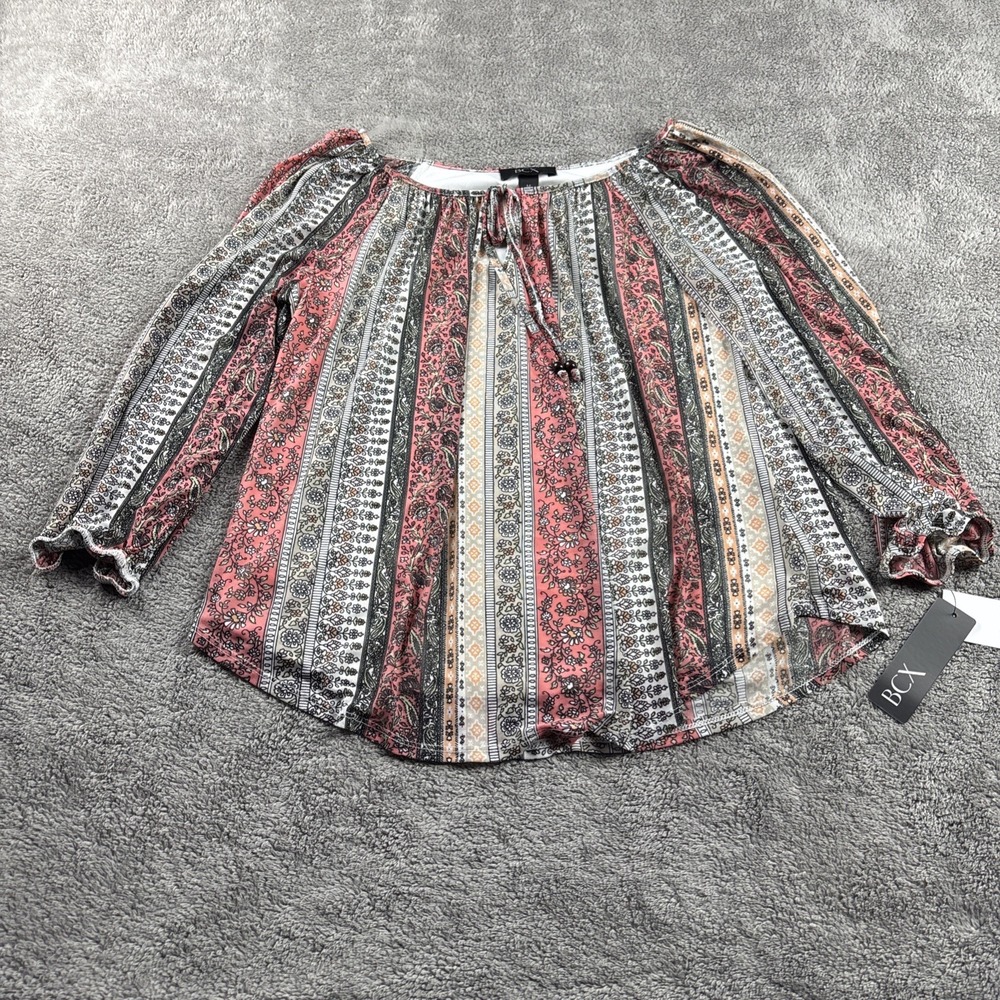 BCX Juniors' Printed Cold-Shoulder‎ Top Size Medium Pink Gray Tan